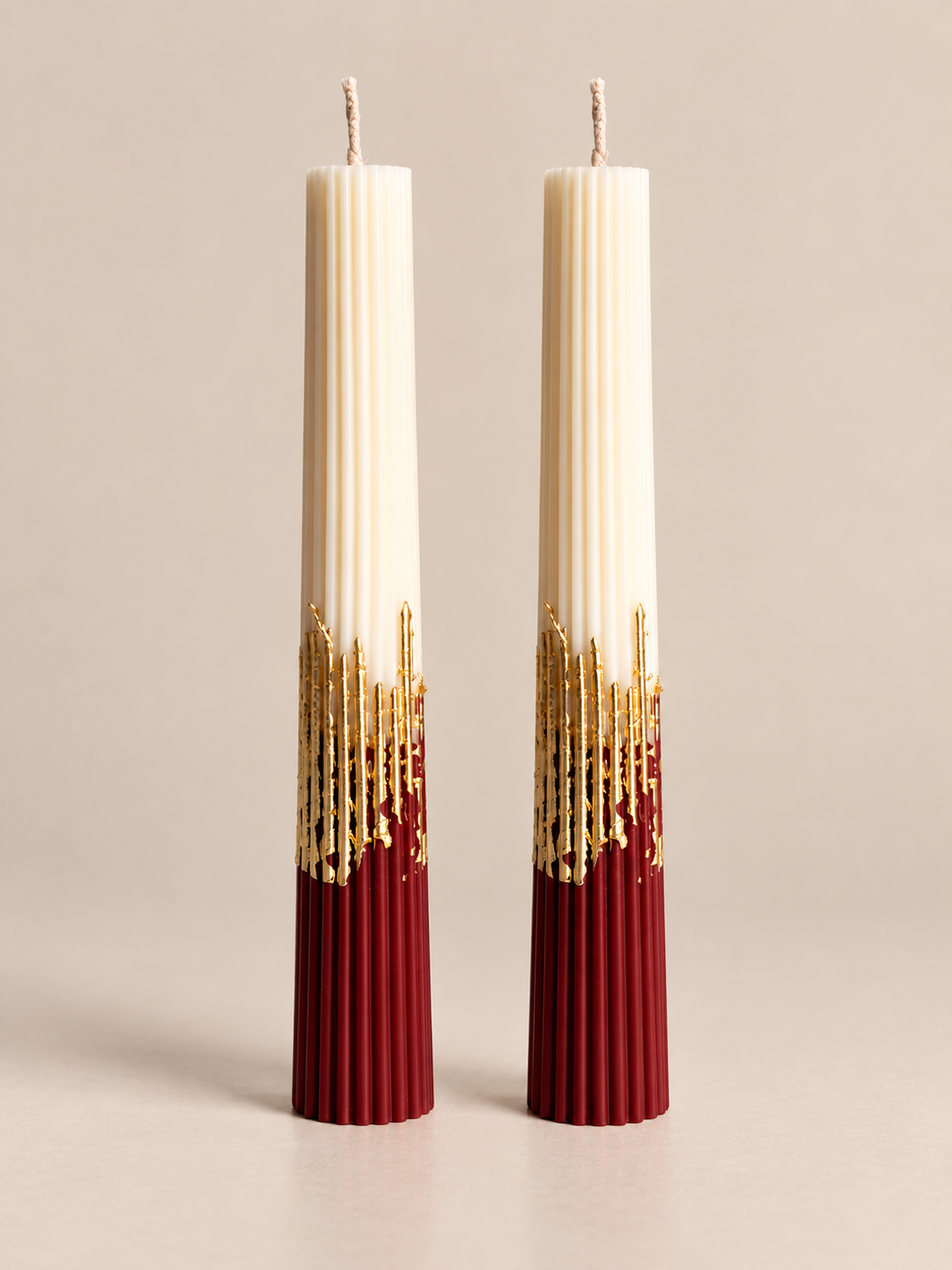 Deep Red & Ivory Ribbed Tapers CANDLEZ.IN