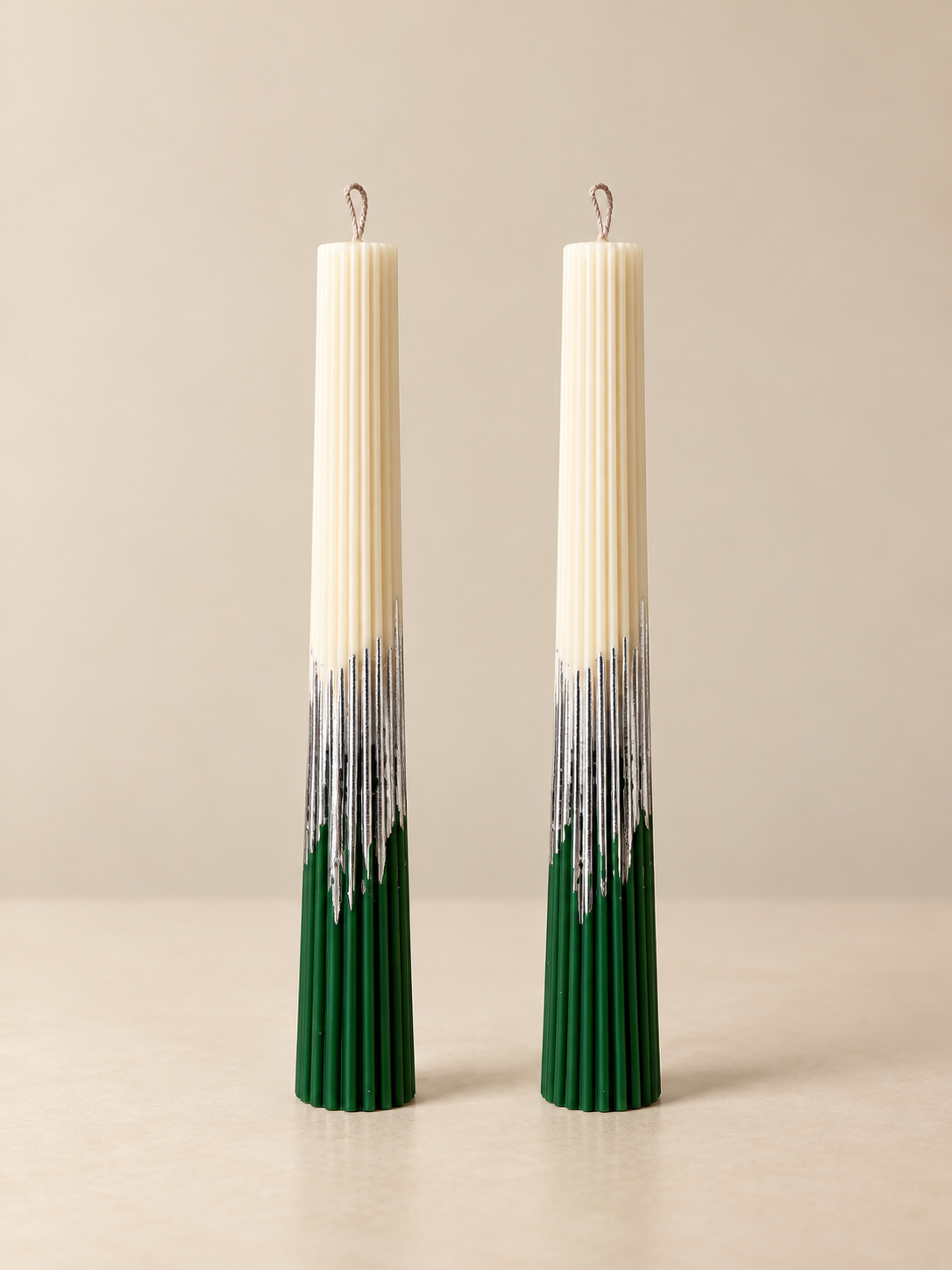 Emerald & Ivory Ribbed Tapers CANDLEZ.IN