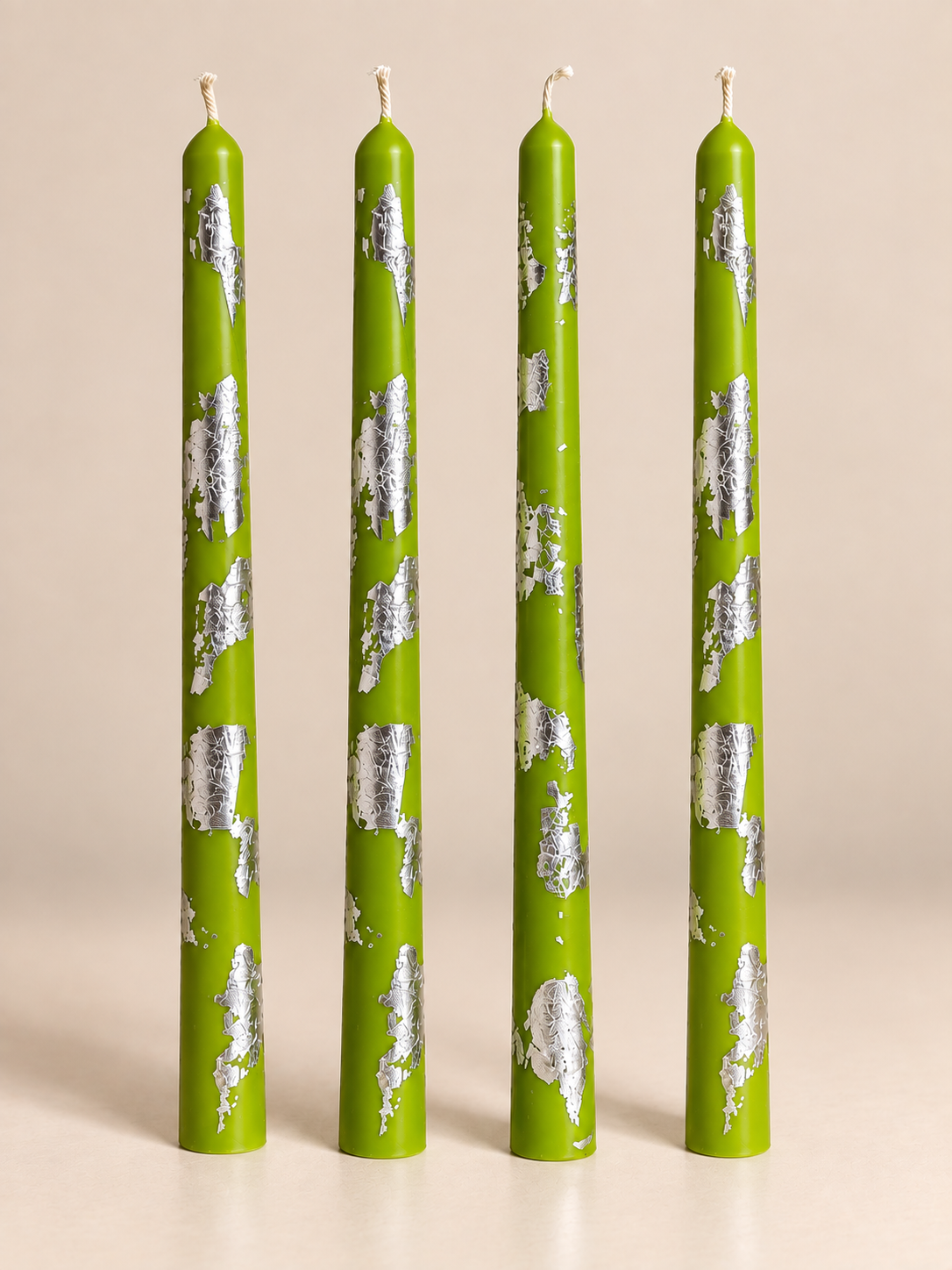 Lime & Silver Metallic Leaf Tapers CANDLEZ.IN