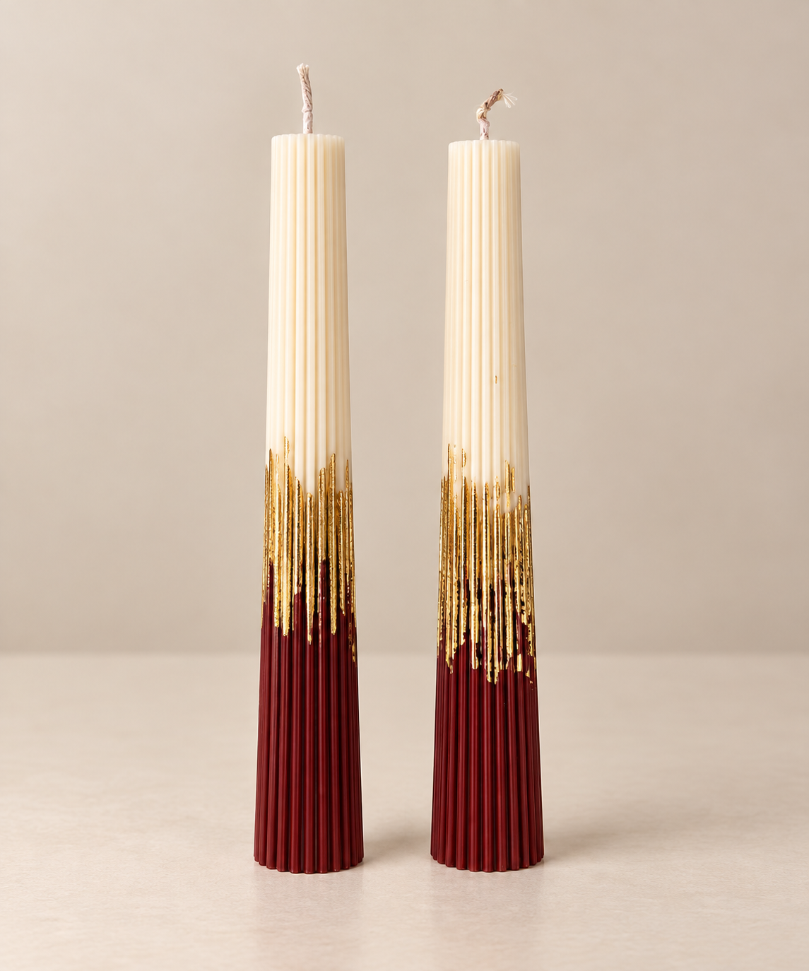 Brown & Ivory Ribbed Tapers CANDLEZ.IN