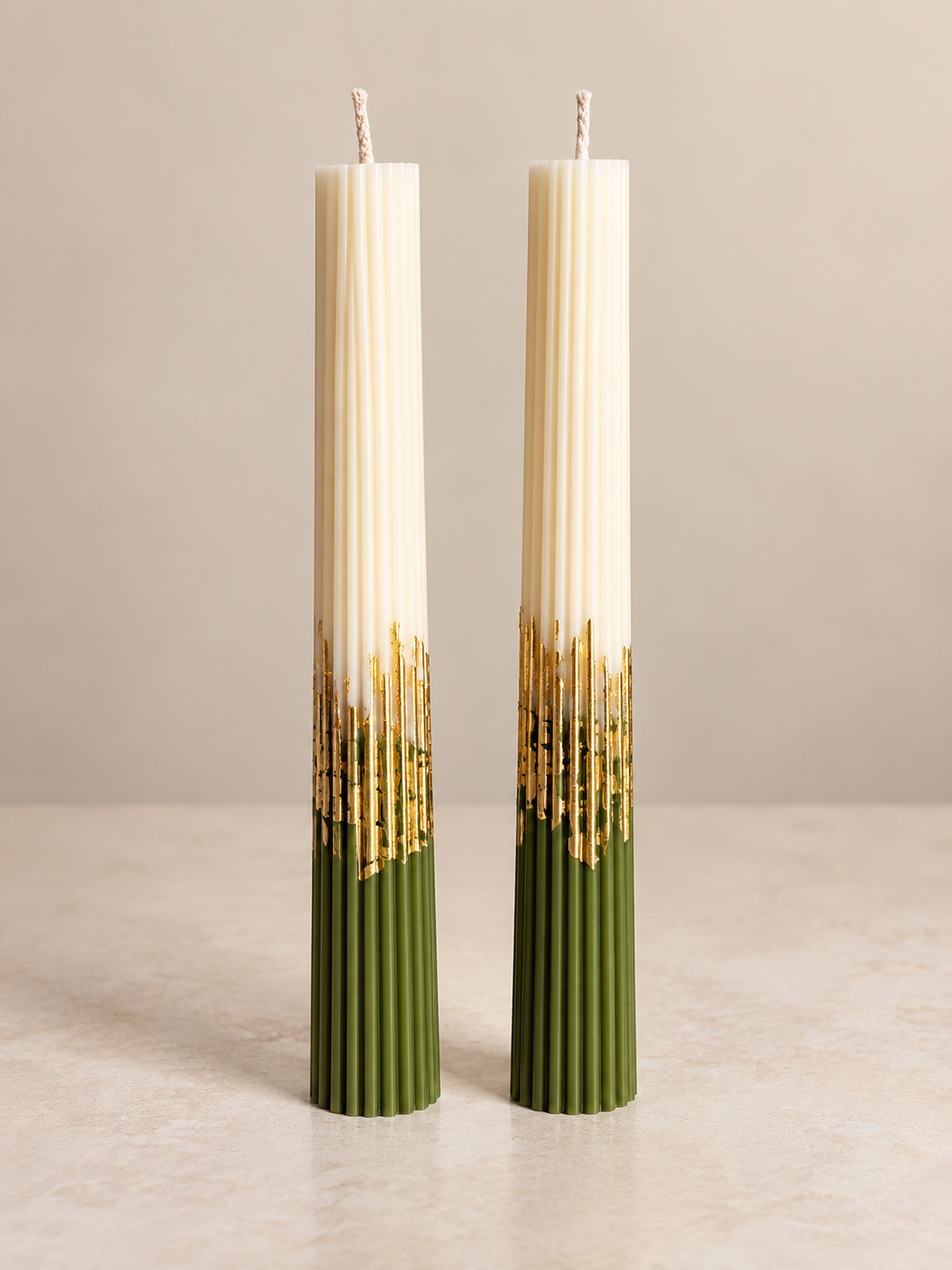 Olive & Ivory Ribbed Tapers CANDLEZ.IN