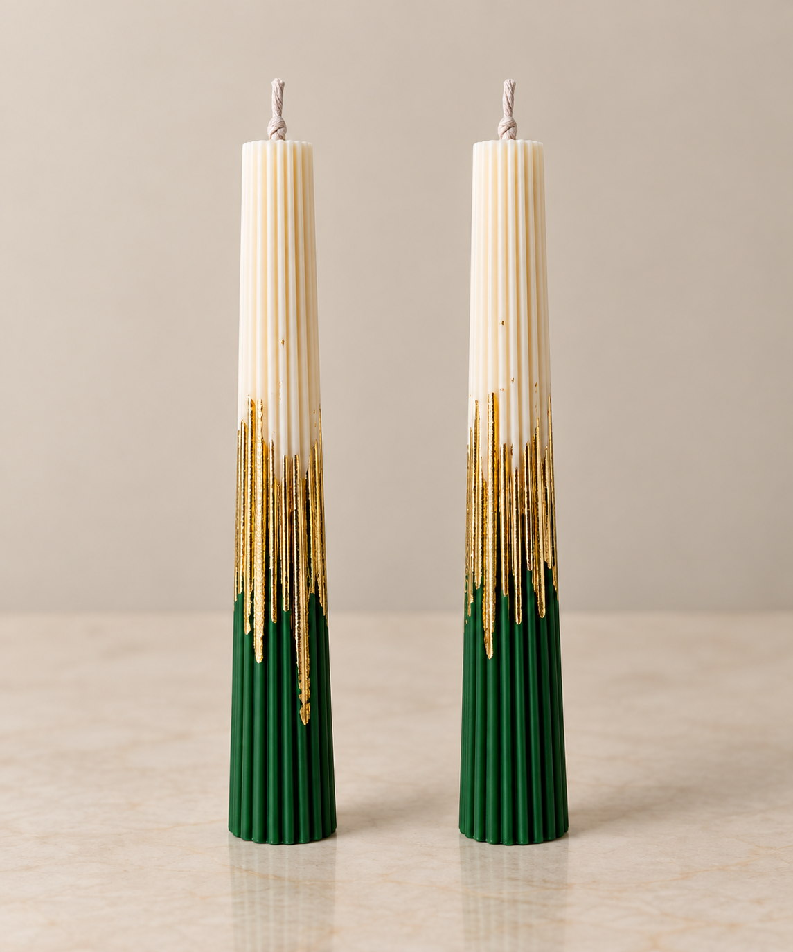Emerald & Ivory Ribbed Tapers CANDLEZ.IN