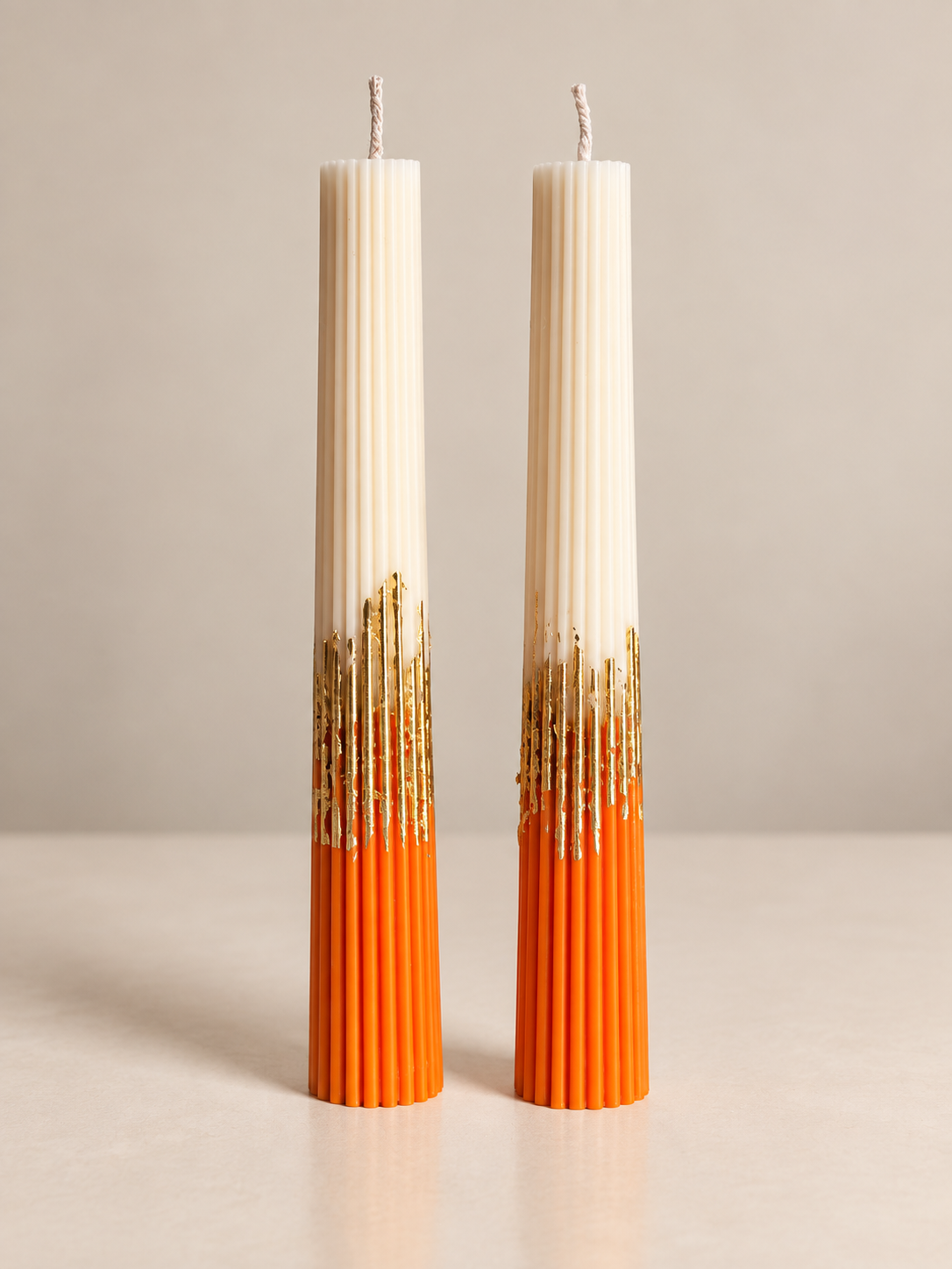 Golden Yellow & Ivory Ribbed Tapers CANDLEZ.IN