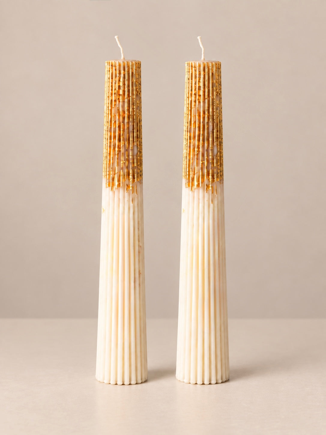 Ivory & Gold Ribbed Tapers CANDLEZ.IN